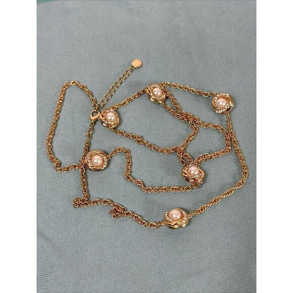 Gold tone pearl and chain long necklace - Picture 1 of 10